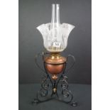 Arts and Crafts style Oil Lamp with copper font, wrought iron, copper and brass ornate base, Hinks