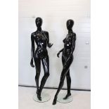 Two Full Size Standing Female Shop Mannequins with a black gloss finish held on circular glass
