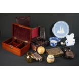 A box of mixed collectables to include an antique jewellery box, wooden box, vintage ever ready