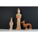 Two Chinese Tang style Pottery Figures together with a similar Dog, tallest 50cm