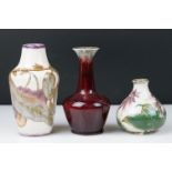 Three Cobridge Stoneware Vases including High Fired Vase with Red Speckled Glaze 15cm high, Plum