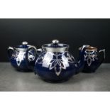 Blue Glazed Pottery Tea Service comprising Teapot, Lidded Sugar and Milk Jug, with white metal