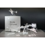 Six crystal glass aeroplanes, one boxed, to include Concorde, jets etc, together with a boxed