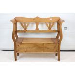 Antique style Pine Hall Bench with lift lid to seat, 114cm long x 99cm high