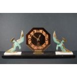 Art Deco Mantle Clock with amber mirrored glass octagonal dial flanked either side by metal seagulls