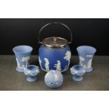 Wedgwood Blue Jasperware Biscuit Barrell together with a similar Two Pairs of Vases and a Pot Pourri