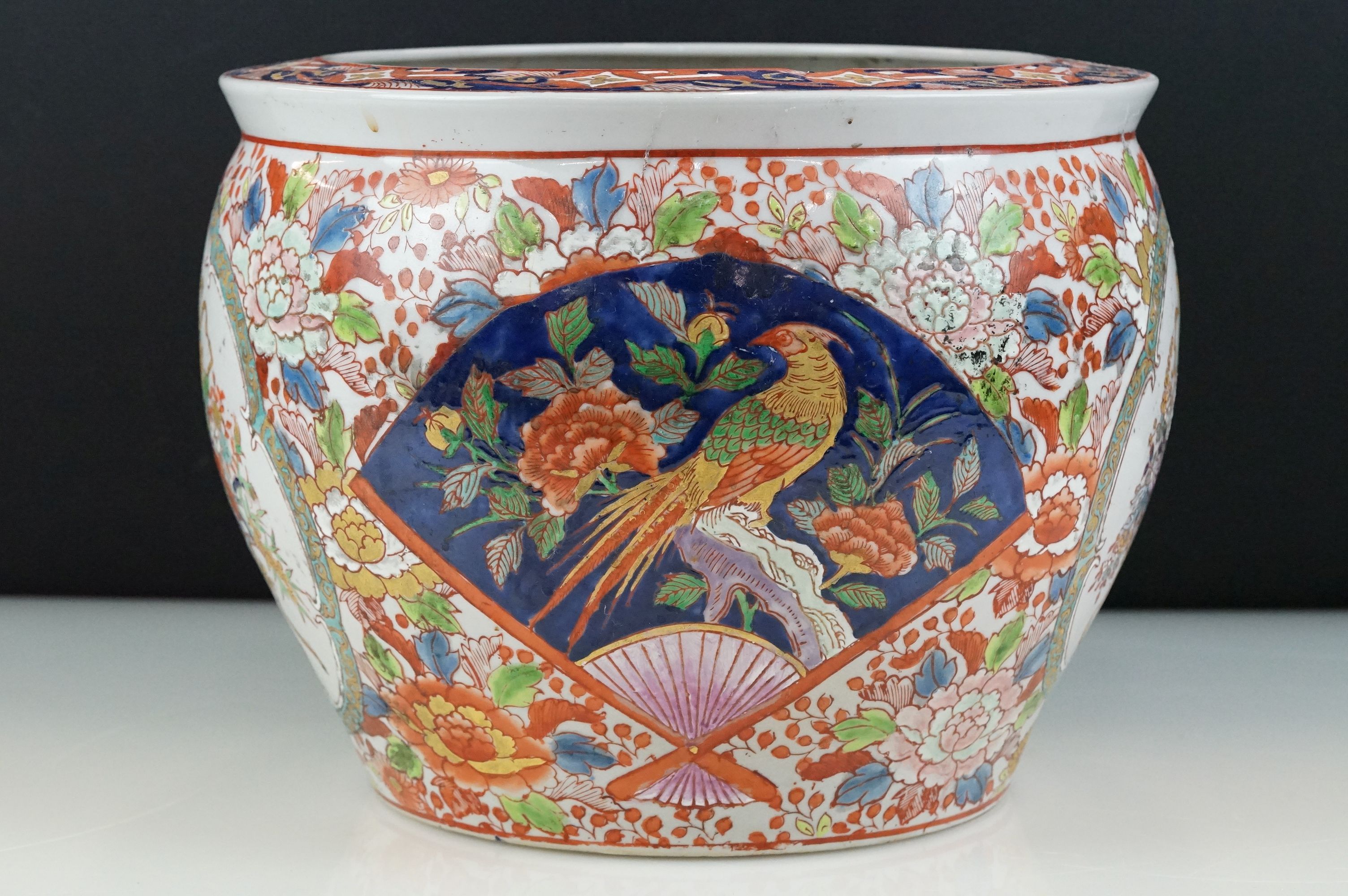 20th century Chinese Stoneware Fish Bowl decorated in a floral pattern of red, greens and blues, - Image 4 of 10
