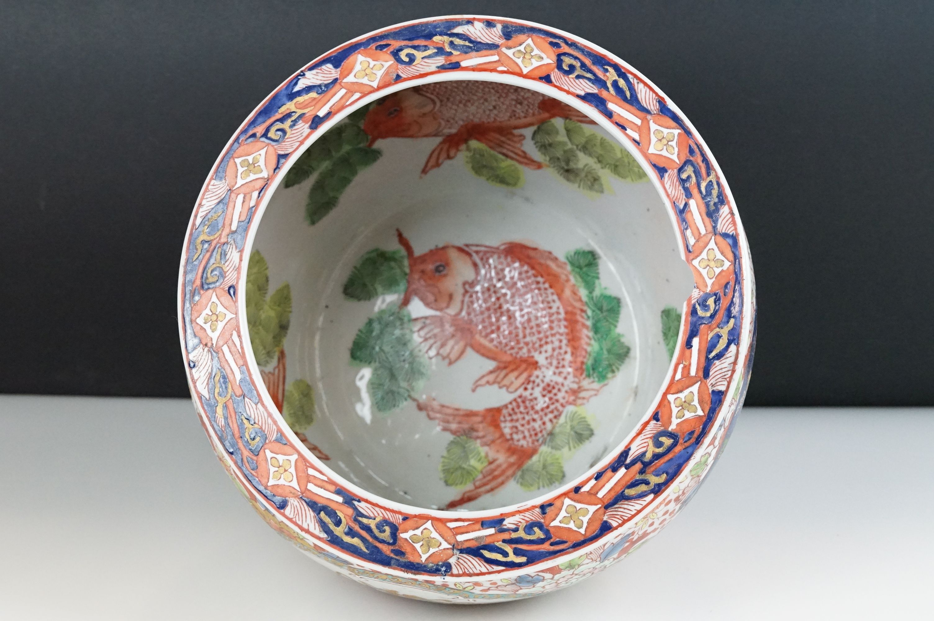 20th century Chinese Stoneware Fish Bowl decorated in a floral pattern of red, greens and blues, - Image 5 of 10