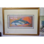Framed and glazed limited edition Ian Anderson ' Blue Dolphin ' signed print, no. 132/500, image