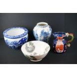 Four items of Ceramics including Mason's Blue and White Jar, Blue and White Jardiniere, Ironstone