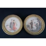 After Angelica Kauffman, Pair of Circular Coloured Engravings of Classical Figures, 30cm diameter,