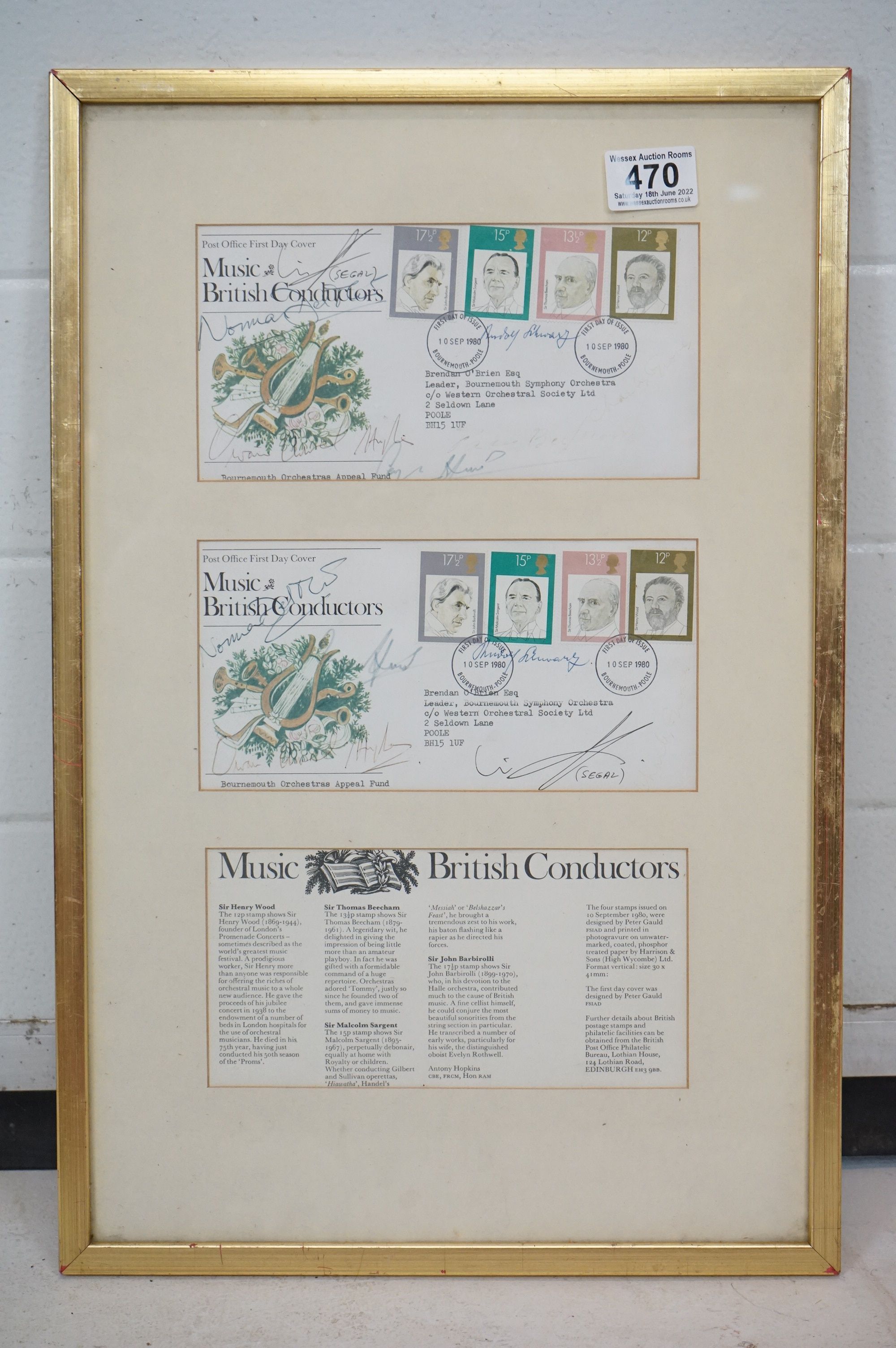 British Music Conductors 1980 stamps FDC x2, both with multiple signatures including Uri Segal who