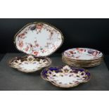 19th century Crown Derby ' Haddon ' Blue and Red Five Plates 23cm diameter and Serving Plate