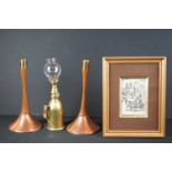 Pair of Mid Century Retro Copper and Teak Candlesticks, a brass Briquet lamp and a Jean Pierre