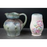 Clarice Cliff Ribbed Vase with moulded relief pink and blue flowers, 16cm high (cracked) together