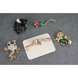 Four Enamelled Costume Jewellery Brooches in the form of a Black Car, Frog, Mouse and Clown together