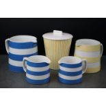 Three Cornishware Ware Blue and White Jugs, tallest 11.5cm high and a Yellow and White Cornishware