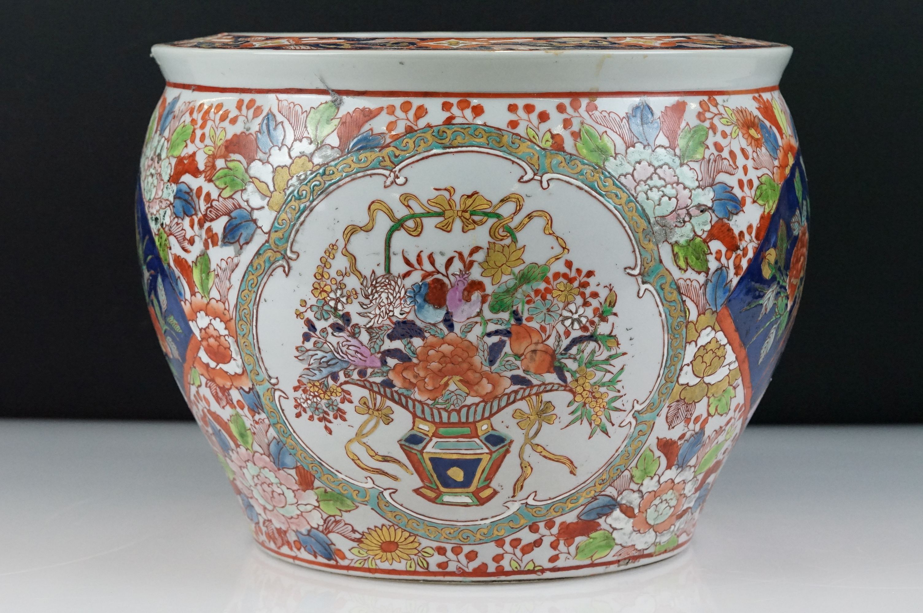 20th century Chinese Stoneware Fish Bowl decorated in a floral pattern of red, greens and blues, - Image 3 of 10