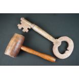 Mason's Wooden Mallet, 37cm long together with Balsa Wood Oversized Key, 52cm long
