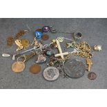 Box of mixed collectables, to include coins, brooches, tiepins, silver fob etc
