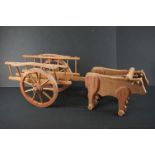 Folk Art Wooden Model of Two Oxen pulling a Car, 79cm long