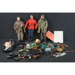 Action Man - Three original Palitoy figures in poor condition plus a quantity of weapons and