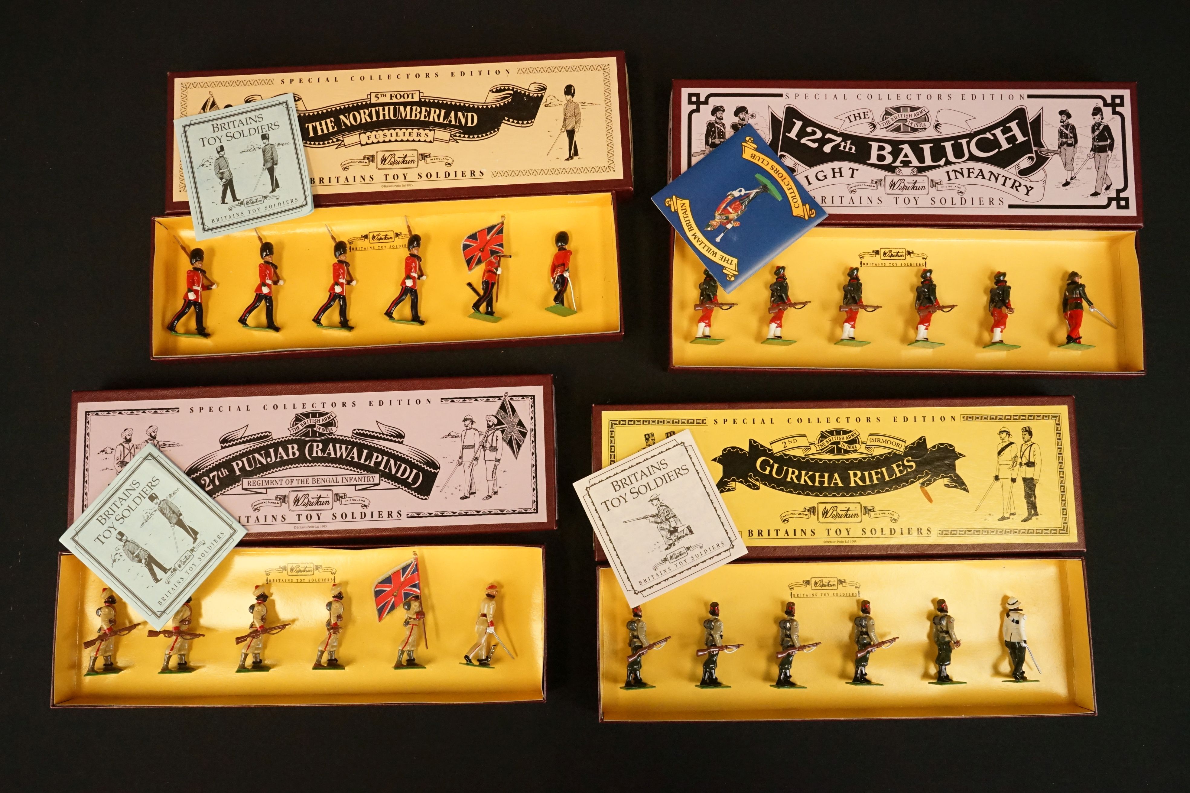Four boxed Britains Special Collectors Edition metal figure sets to include 8841 Gurkha Rifles, 8833
