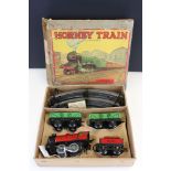 Boxed Hornby Meccano Clockwork Train Set MO Goods Set (TS 401), box missing flap with heavy wear,