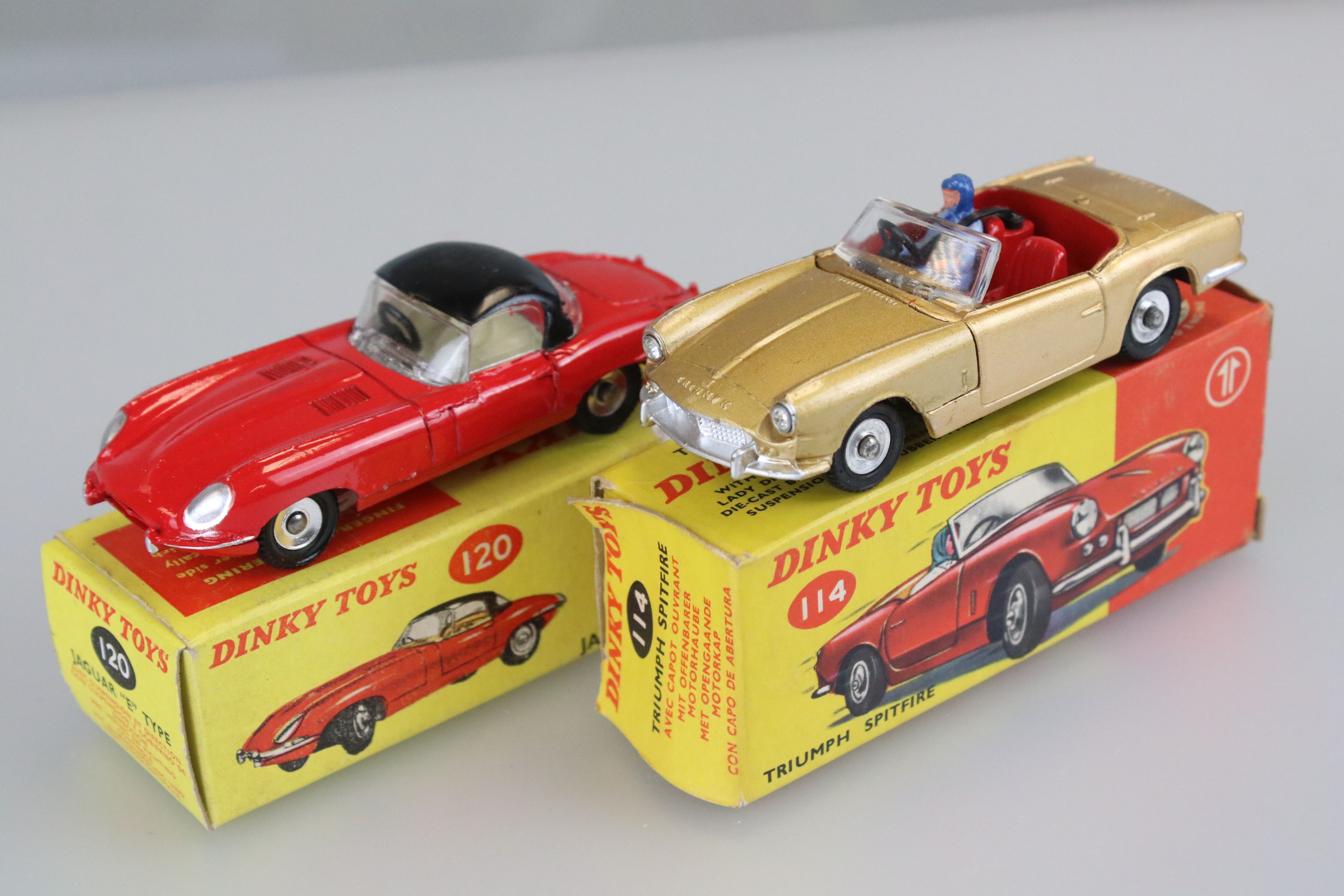 Two boxed Dinky diecast models to include 114 Triumph Spitfire in gold, with driver and 120 Jaguar E