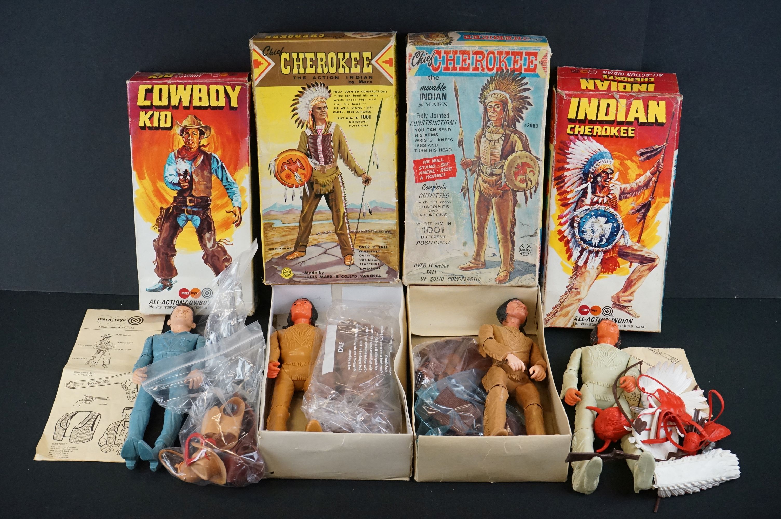 Four boxed Marx Wild West figures to include Cowboy Kid and Indian Cherokee and 2 x Chief