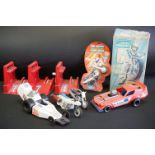 Collection of 3 x Ideal Evel Knievel stunt toys to include Funny Car, Super Jet Cycle and
