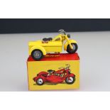 Boxed Tekno 764 Motor Cycle with Closed Sidecar diecast model in yellow, diecast & decal ex with