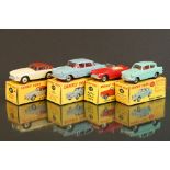 Four boxed Dinky diecast models to include 177 Opel Kapitan in pale blue, 155 Ford Anglia in