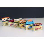 Six boxed Matchbox Superfast diecast models to include 12 Setra Coach, 57 Trailer Caravan, 20