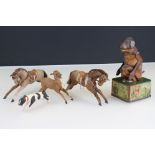 Early 20th C tin plate monkey money box toy on tin plate stand, made in Germany, plus 3 x unmarked