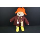 Original Gabrielle Designs Paddington Bear in yellow Dunlop boots, brown coat and orange hat, with