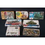 Five boxed plastic military model figure sets and model kits to include Hasegawa M-4 Sherman, 2 x