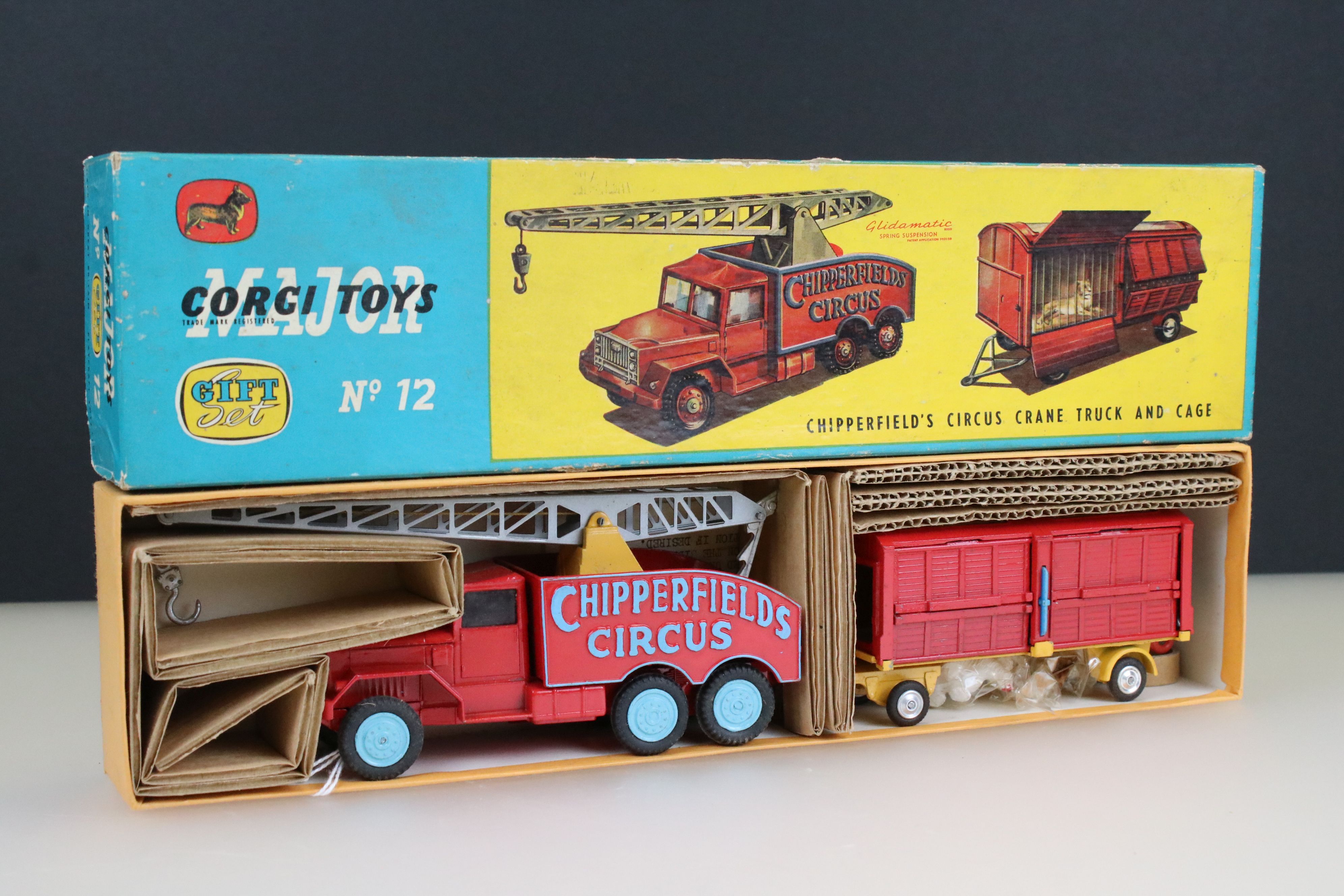 Boxed Corgi Major Gift Set No. 12 Chipperfields Circus Crane Truck and Cage in excellent condition