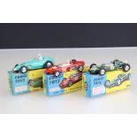 Three boxed Corgi diecast racing cars to include 152S BRM F1 Grand Prix in turquoise, 154 Ferrari F1