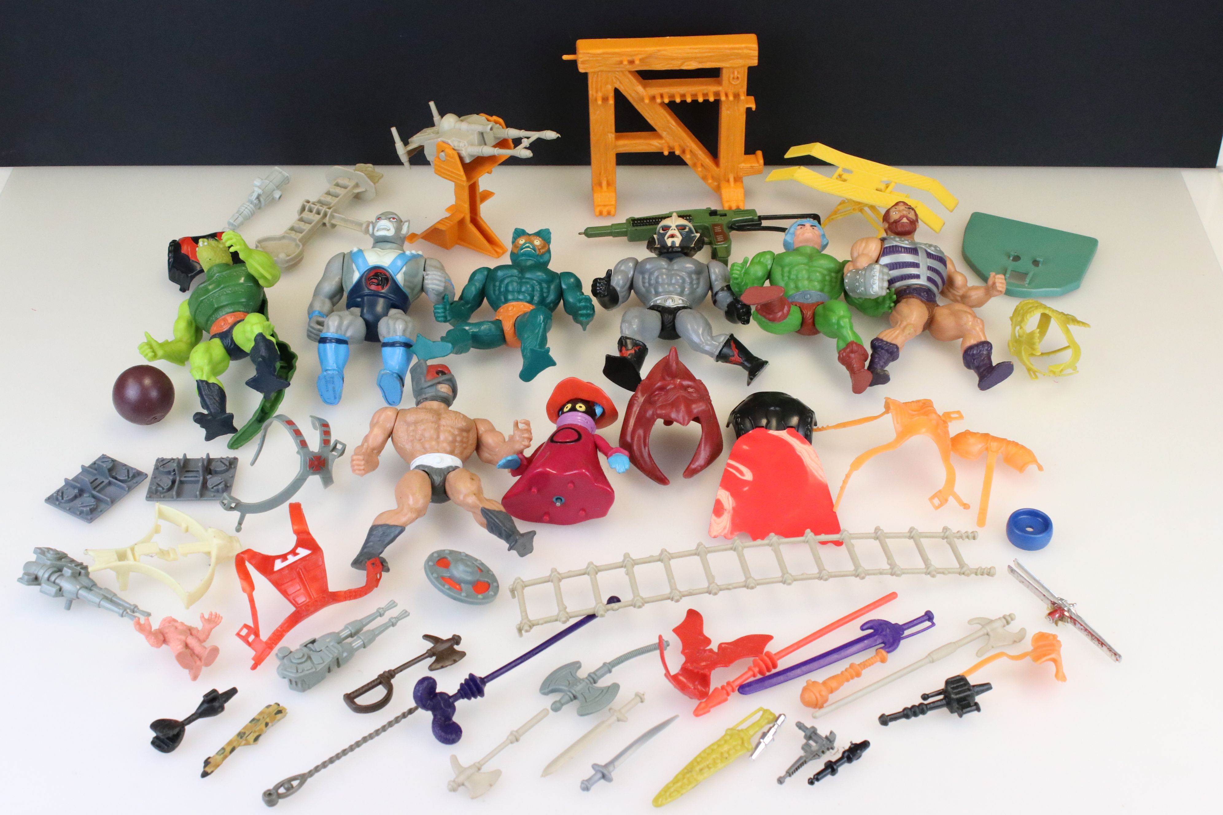 Eight 80s figures to include Thundercats (Panthro), He-Man (Man At Arms, Mer Man, Zodac, Fisto,