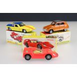 Three boxed Dinky diecast models with Speedwheels to include 149 Citroen Dyane and 218 Lotus Europa,