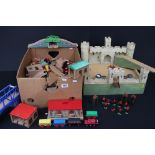 Quantity of wooden model railway trains, rolling stock & track featuring Brio examples plus a wooden