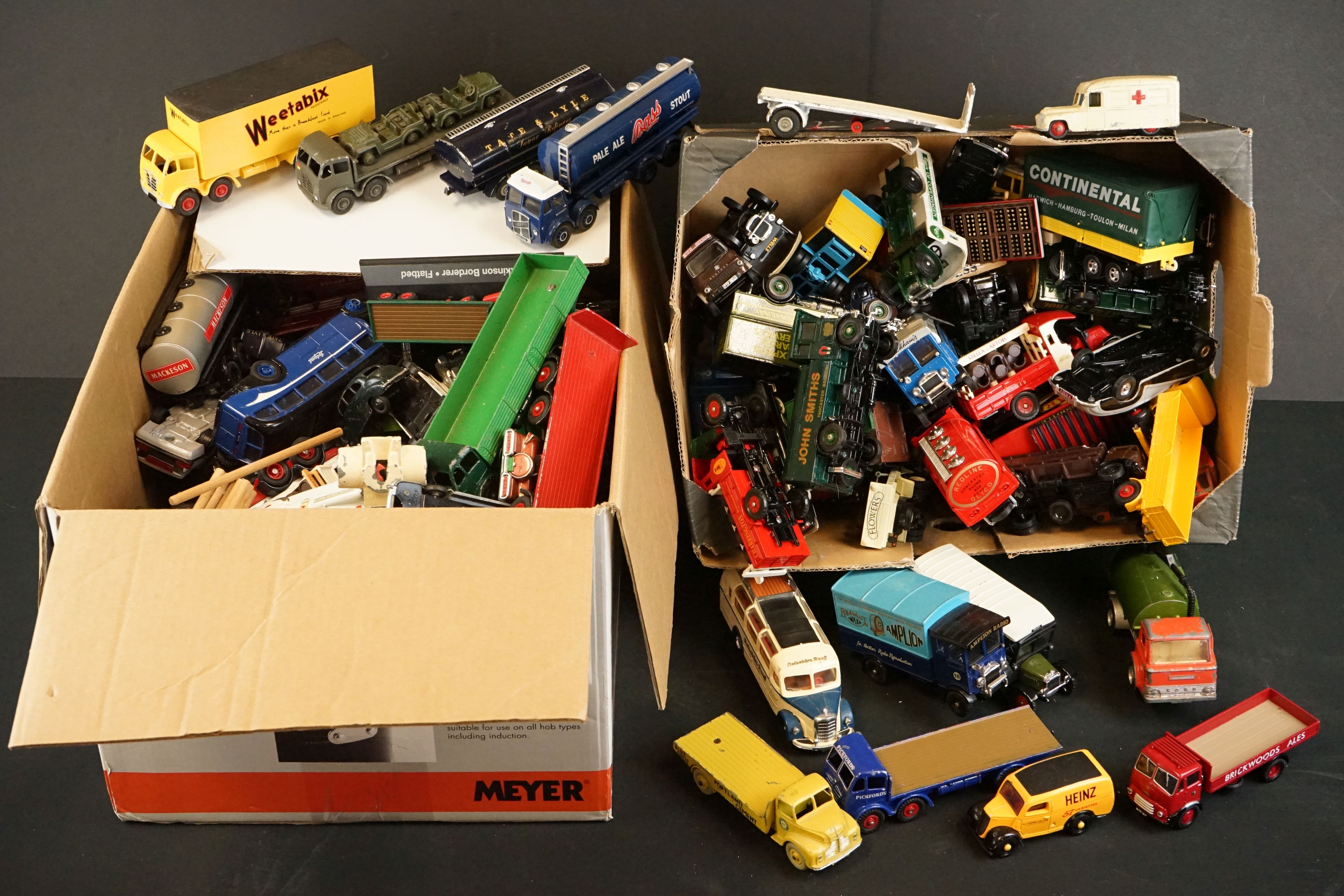 Large quantity of play worn diecast models, many commercial vehicles, to include Corgi, Dinky,