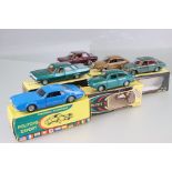 Six boxed Politoys diecast models to include Export 567 Toronado Oldsmobile in blue, 507 Ford