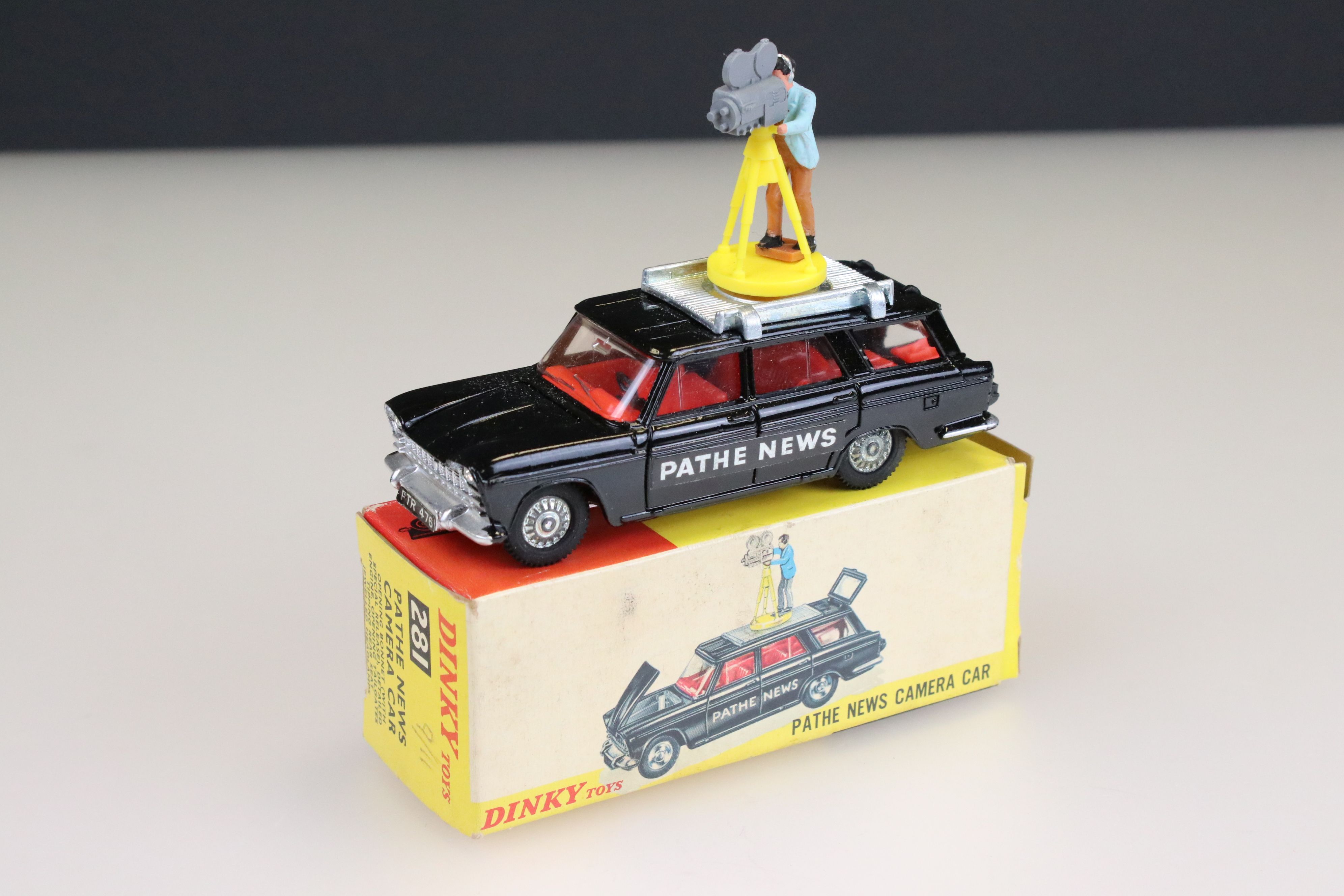 Boxed Dinky 281 Pathe News Camera Car diecast model complete with cameraman figure, diecast & decals