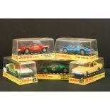 Five cased Dinky diecast models to include 216 Dino Ferrari in blue, 220 Ferrari P5 in red with