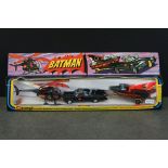 Boxed Corgi 40 Batman Batmobile, Batboat on Trailer and Batcopter diecast model set complete with