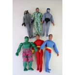 Six original Mego figures to include Shazam, Superman (no cape), Incredible Hulk, Batman, Wolfman (