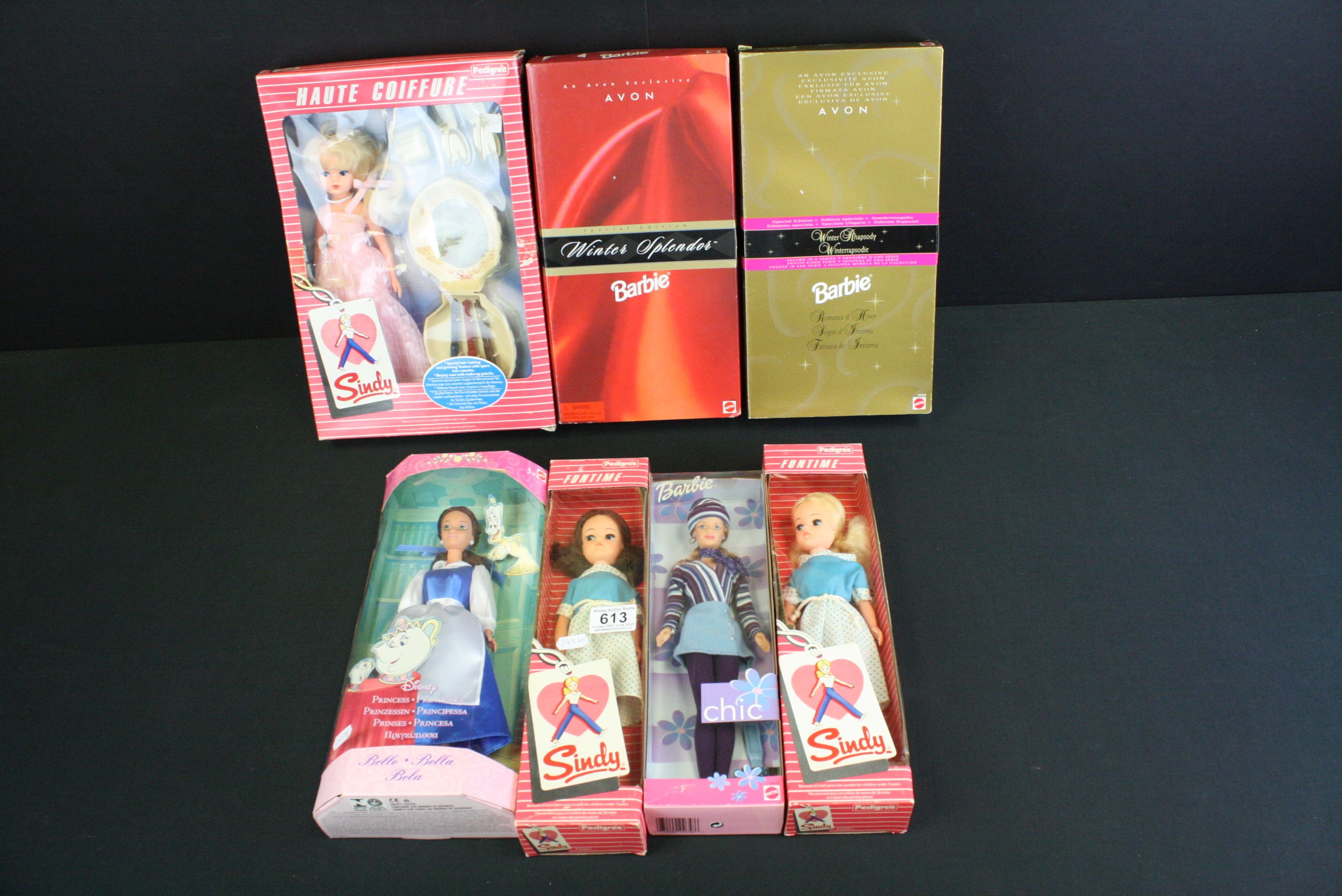Seven boxed fashion dolls to include 3 x Pedigree Sindy Haute Coiffure & 2 x Fun Time), 3 x Mattel