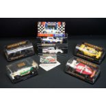 Seven boxed / cased slot cars to include 6 x Scalextric (Race Tuned C94 Mercedes in white, C134